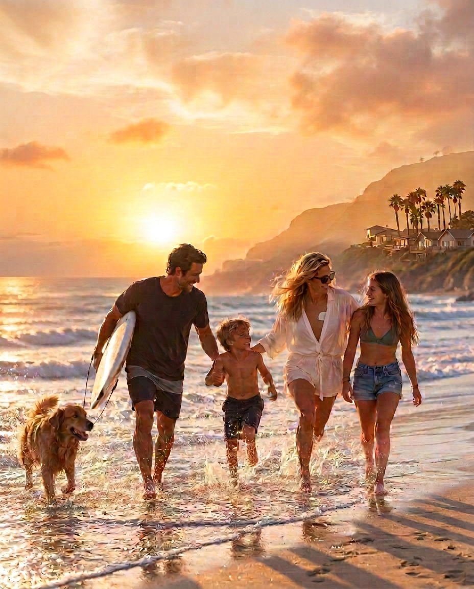 A family of four and their golden retriever running through the ocean surf at golden hour