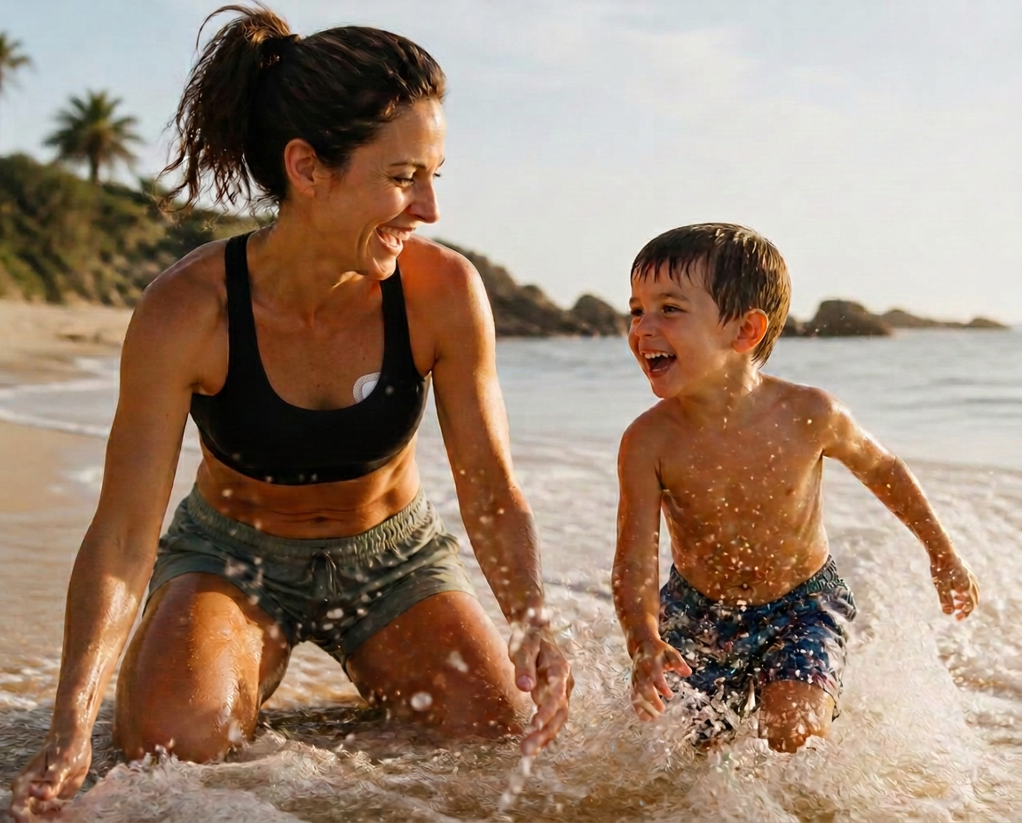 A woman playing with a child at the shoreline, representing the healthy life heart and sleep insights can support