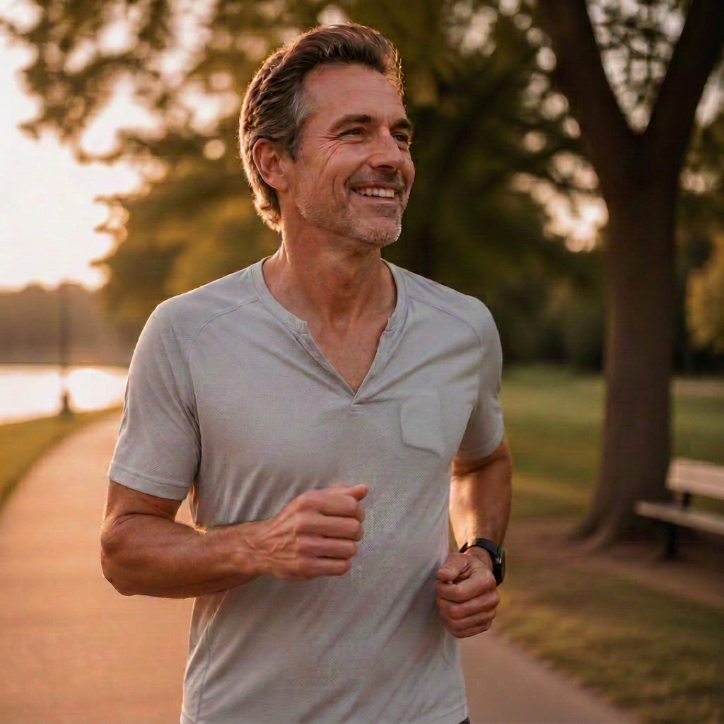 A person running along the coast, representing the active life Heart Waves helps support
